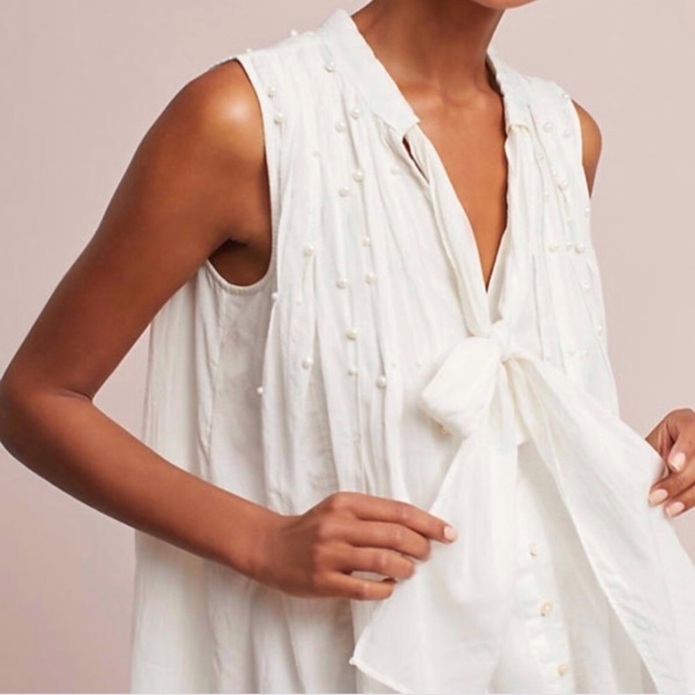 Anthropologie Feather Bone Pearl tie-neck blouse